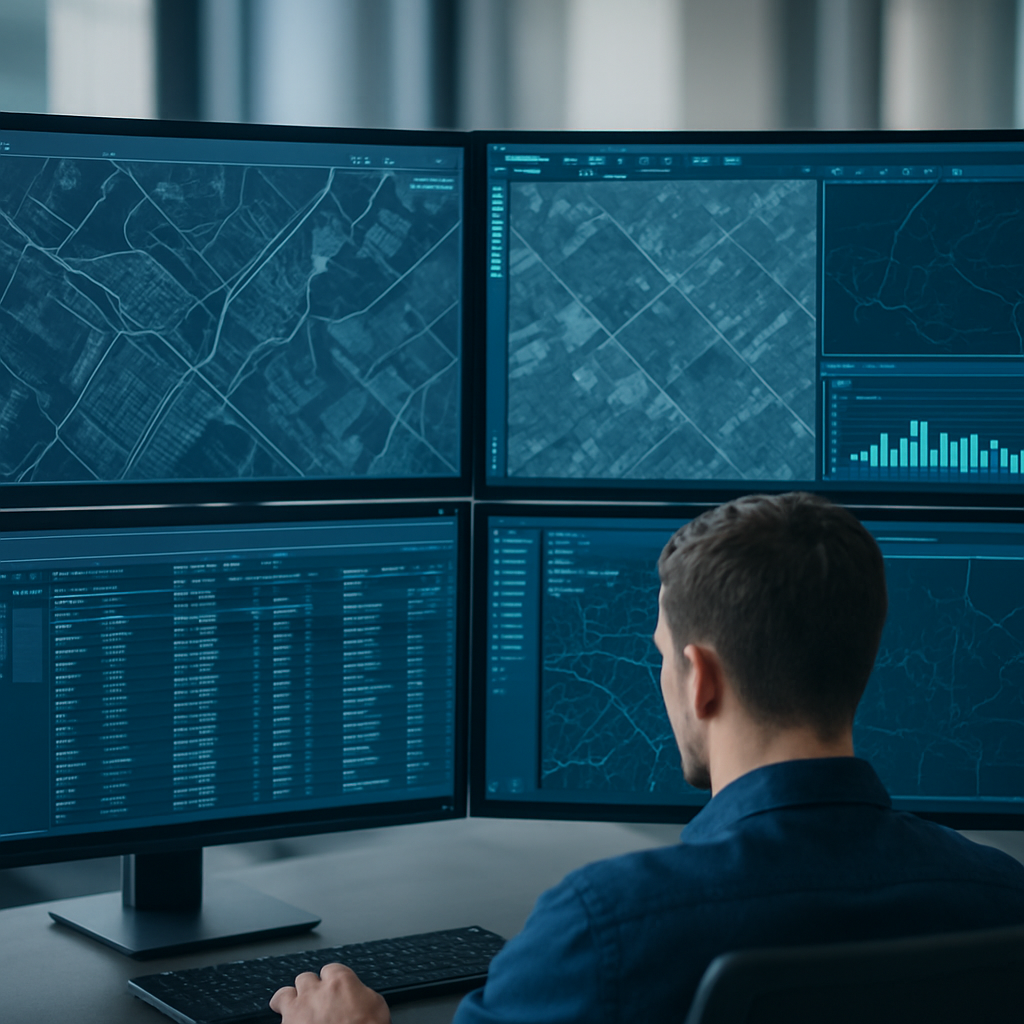 GIS analyst working with geospatial data across multiple monitors